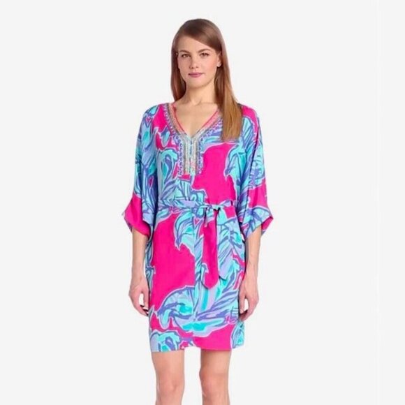 Lilly Pulitzer Wilda Caftan Dress Size Small Pink Sway Beaded Tropical Vacation - Picture 1 of 12